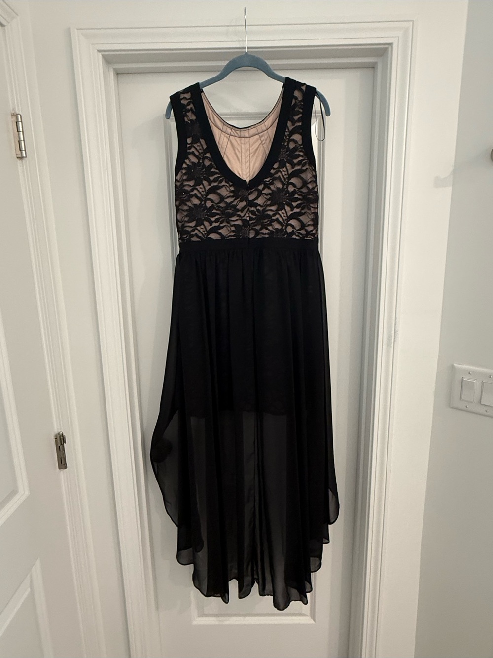Black Lace Overlay High-Low Dress with Nude Lining